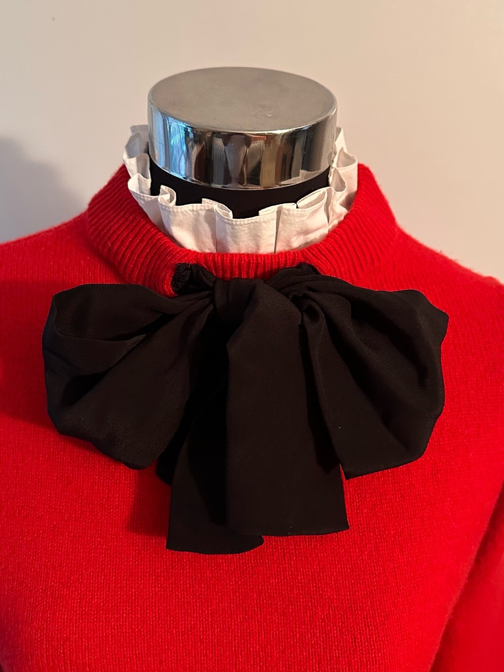 Sandro Red Wool Knit Top with White Collar and Black silk Ribbon
